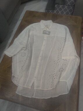 120% LINO Linen Oversized Shirt Size S White Eyelets Embroidered $484.00